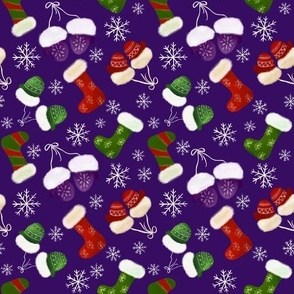 Holiday Stockings and Mittens with Snowflakes in Purple, Red and Green