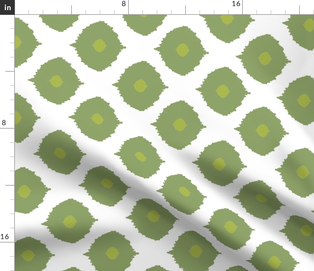 Ikat Moroccan Eyes, green and white, coordinate for Pink Begonia Bedding