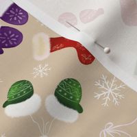 Holiday Stockings and Mittens with Snowflakes in Beige, Green and Red