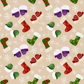 Holiday Stockings and Mittens with Snowflakes in Beige, Green and Red