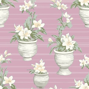Whimsical Lily Stripes - Cream/Rosy-Pink Wallpaper - New 