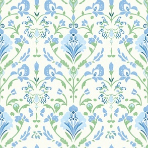 Damask Petal Parade – Blue/Green on Cream Linen Wallpaper – New 