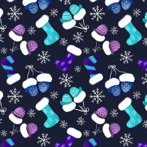 Holiday Stockings and Mittens with Snowflakes in Dark Navy, Blue and Purple