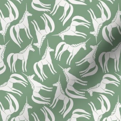 Whimsical Tossed White Unicorns on Aqua Green - Medium - 6x6
