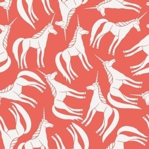 Whimsical Tossed White Unicorns on Coral Red - Medium - 6x6