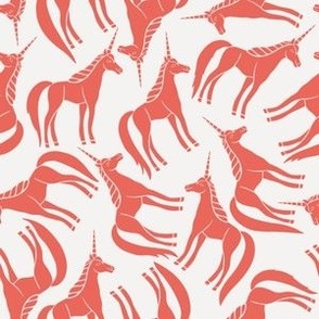 Tossed Coral Red Unicorns on White - Medium - 6x6