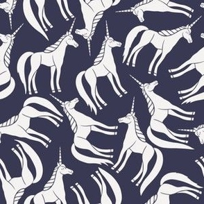 Whimsical Tossed White Unicorns on Navy Blue - Medium - 6x6