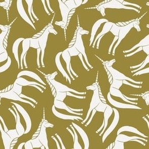 Whimsical Tossed White Unicorns on Olive Green - Medium - 6x6