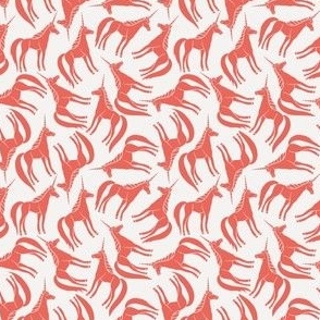 Tossed Coral Red Unicorns on White - Small - 3x3
