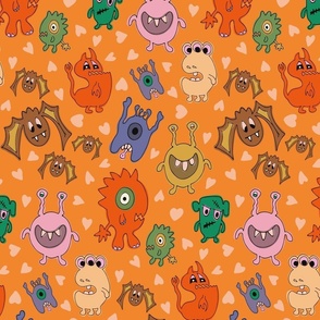 Large Spooky Cute Halloween Monsters, Ghouls and Bats on Pumpkin Orange Background with Blue & Green