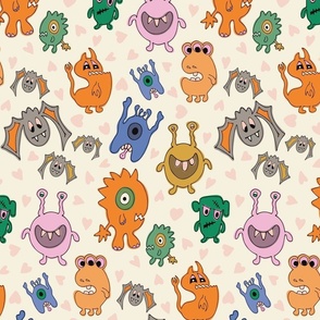 Large Colorful Spooky Cute Halloween Monster Mash with Ghosts and Bats on Creamy White