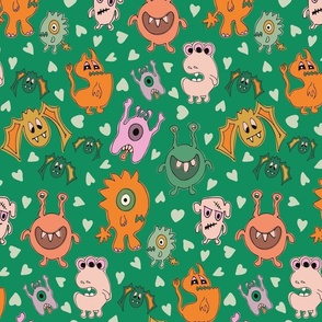 Large Spooky Cute Halloween Monsters, Ghouls and Bats on Green Background with Orange & Pink
