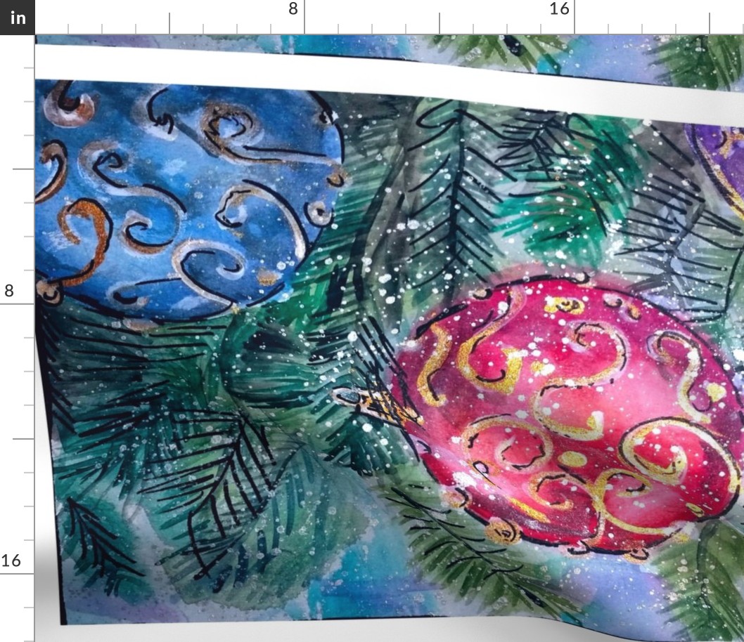 Christmas ornaments watercolor painting art tea towel wall hanging