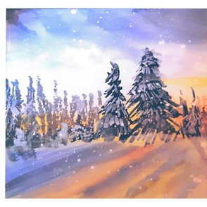 Watercolor Winter Forest sunset art towe