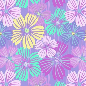 LARGE: Tropical flowering overlapping simple pink, green and yellow florals