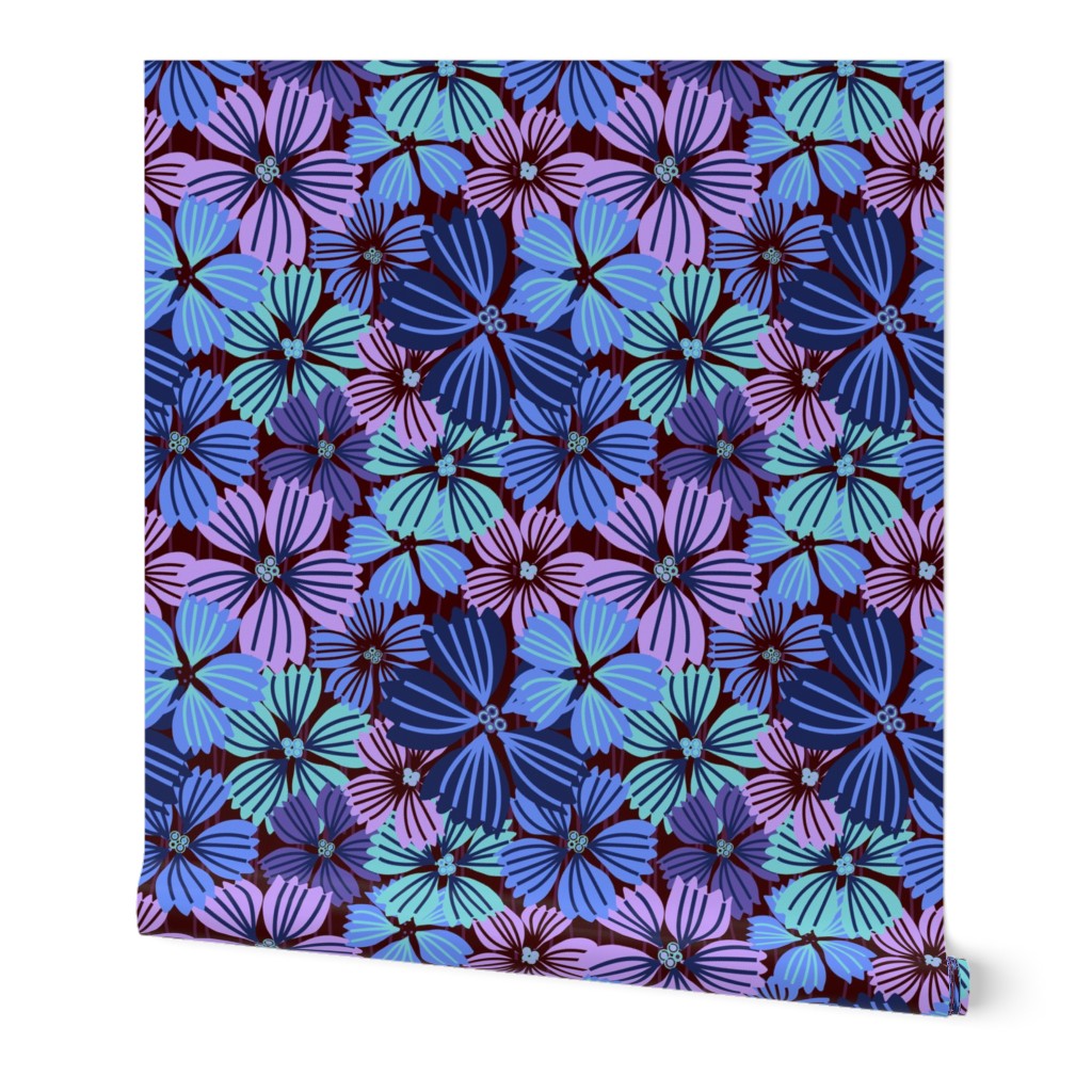 LARGE:Tropical flowering overlapping simple pink, blue and aqua florals