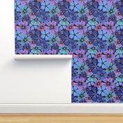 LARGE:Tropical flowering overlapping simple pink, blue and aqua florals