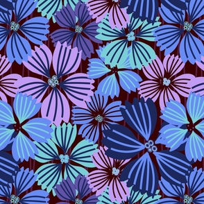 LARGE:Tropical flowering overlapping simple pink, blue and aqua florals