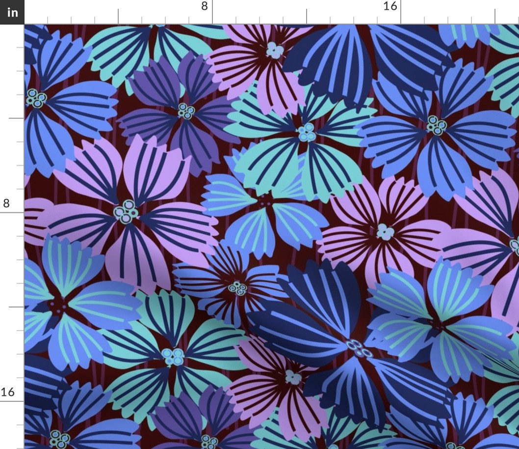 LARGE:Tropical flowering overlapping simple pink, blue and aqua florals