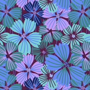 LARGE: Tropical flowering overlapping simple pink, green and blue florals