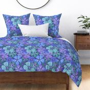 LARGE: Tropical flowering overlapping simple purple, green and blue florals