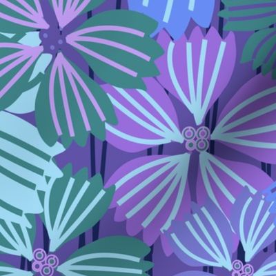 LARGE: Tropical flowering overlapping simple purple, green and blue florals