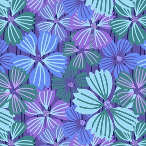 LARGE: Tropical flowering overlapping simple purple, green and blue florals