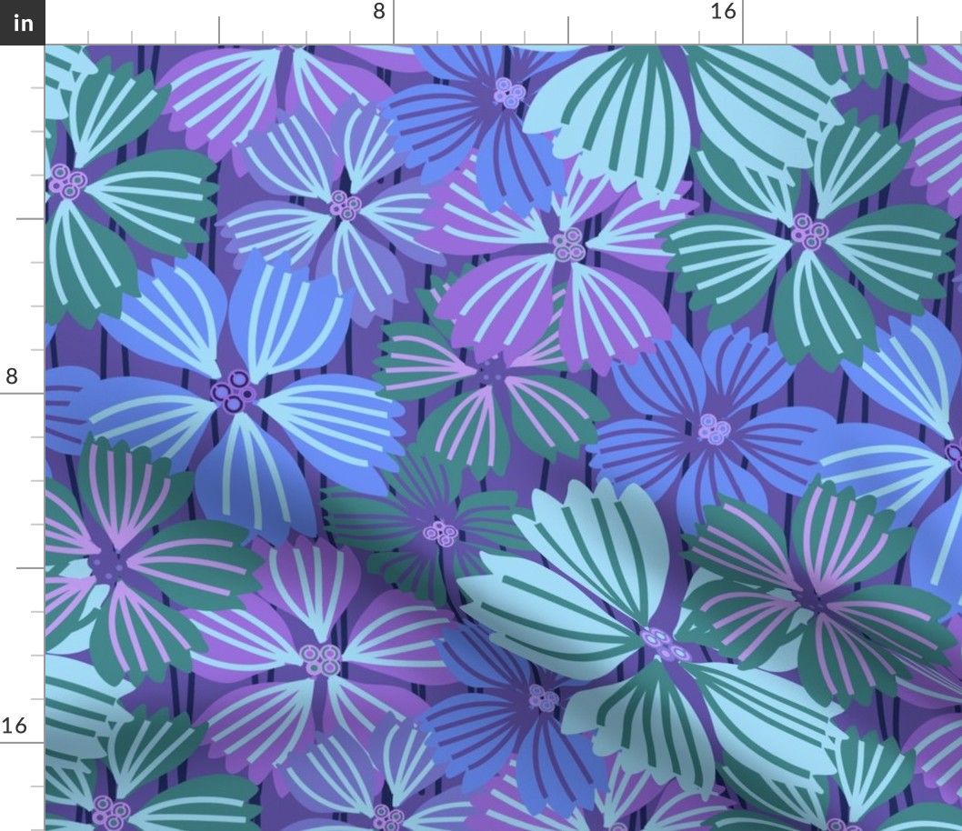 LARGE: Tropical flowering overlapping simple purple, green and blue florals
