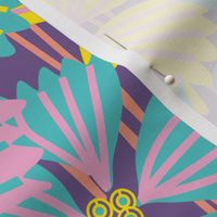 LARGE: Tropical flowering overlapping simple purple, yellow and green-blue florals