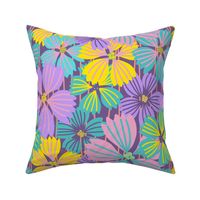 LARGE: Tropical flowering overlapping simple purple, yellow and green-blue florals
