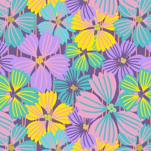 LARGE: Tropical flowering overlapping simple purple, yellow and green-blue florals