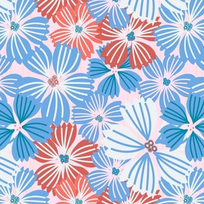 LARGE: Tropical flowering overlapping simple red and blue florals