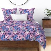 LARGE:Tropical flowering overlapping simple pink and blue florals