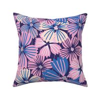 LARGE:Tropical flowering overlapping simple pink and blue florals