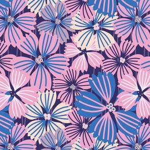 LARGE:Tropical flowering overlapping simple pink and blue florals