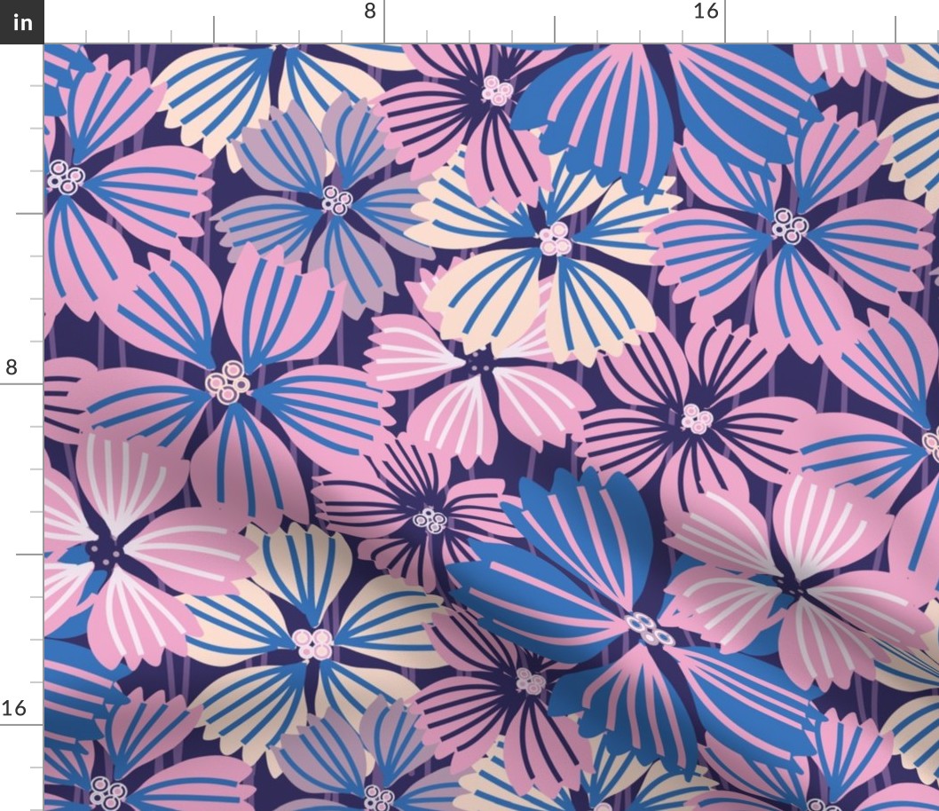 LARGE:Tropical flowering overlapping simple pink and blue florals