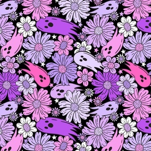 Floral Halloween Ghosties Purple Pink Black BG Rotated - Large Scale