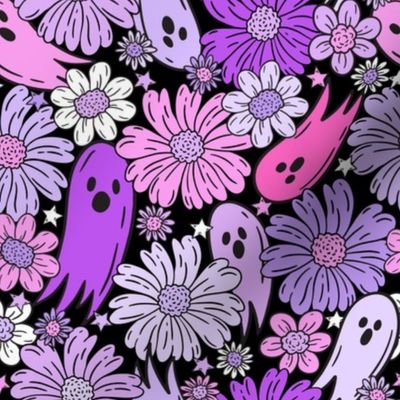 Floral Halloween Ghosties Purple Pink Black BG - Medium Scale