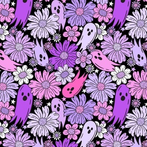 Floral Halloween Ghosties Purple Pink Black BG - Large Scale