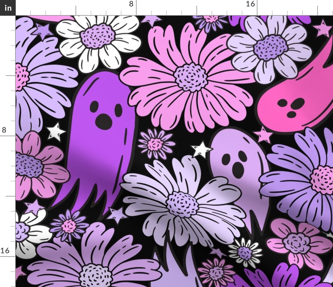 Floral Halloween Ghosties Purple Pink Black BG - XL Scale