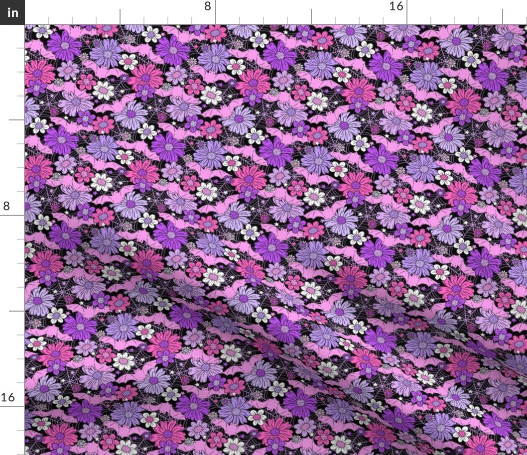 Floral Halloween Bats Purple Pink Black BG - XS Scale