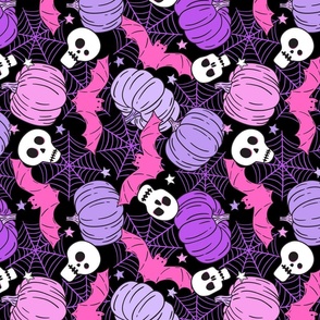 Halloween Pumpkins Skulls and Bats Purple Pink Rotated -Large Scale
