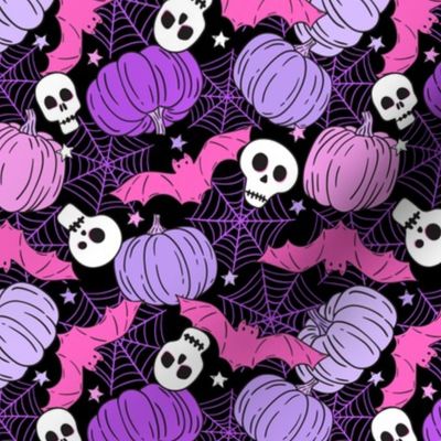 Halloween Pumpkins Skulls and Bats Purple Pink Rotated - Small Scale