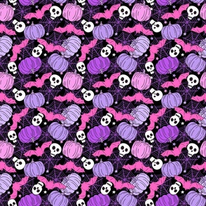 Halloween Pumpkins Skulls and Bats Purple Pink Rotated - Small Scale