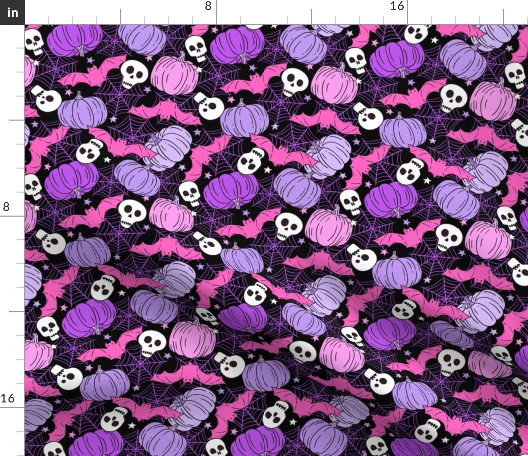 Halloween Pumpkins Skulls and Bats Purple Pink Rotated - Small Scale