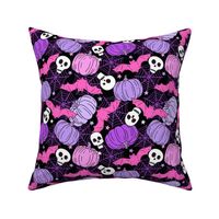 Halloween Pumpkins Skulls and Bats Purple Pink Rotated - Medium Scale