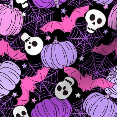 Halloween Pumpkins Skulls and Bats Purple Pink Rotated - Medium Scale