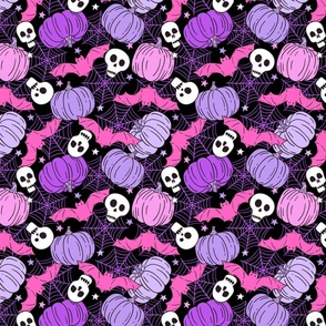 Halloween Pumpkins Skulls and Bats Purple Pink Rotated - Medium Scale