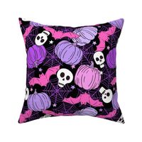 Halloween Pumpkins Skulls and Bats Purple Pink Rotated - Large Scale