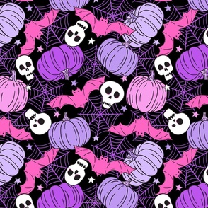 Halloween Pumpkins Skulls and Bats Purple Pink Rotated - Large Scale